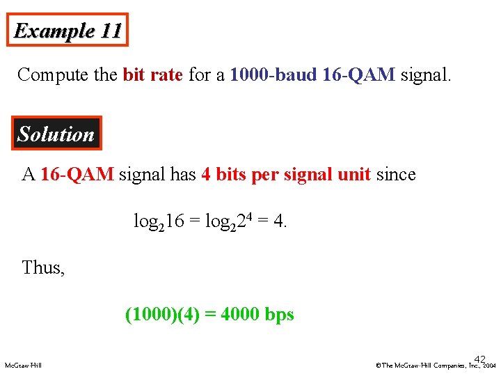 Example 11 Compute the bit rate for a 1000 -baud 16 -QAM signal. Solution