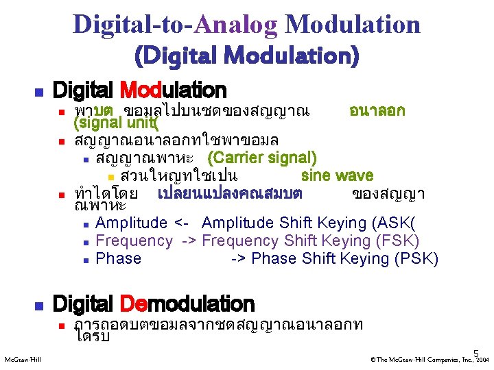Digital-to-Analog Modulation (Digital Modulation) n Digital Modulation n n Digital Demodulation n Mc. Graw-Hill