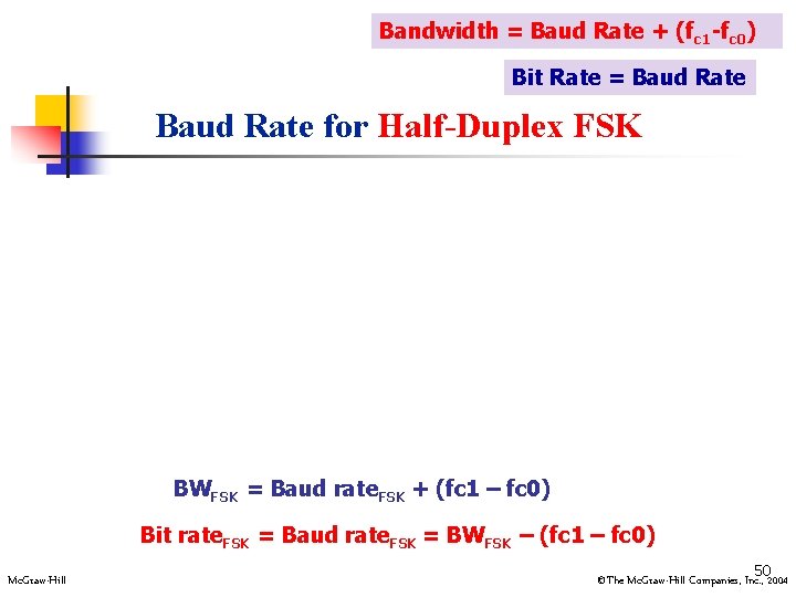 Bandwidth = Baud Rate + (fc 1 -fc 0) Bit Rate = Baud Rate