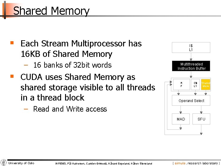 Shared Memory § Each Stream Multiprocessor has I$ L 1 16 KB of Shared