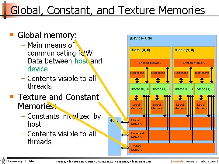 Global, Constant, and Texture Memories § Global memory: (Device) Grid − Main means of