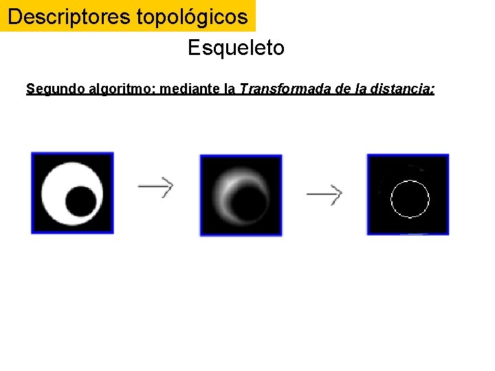 Descriptores topológicos Esqueleto Segundo algoritmo: mediante la Transformada de la distancia: Descriptores topológicos Esqueleto Segundo algoritmo: mediante la Transformada de la distancia: