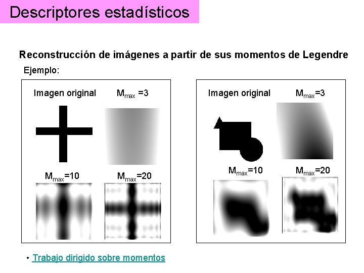 Descriptores estadísticos Reconstrucción de imágenes a partir de sus momentos de Legendre Ejemplo: Imagen Descriptores estadísticos Reconstrucción de imágenes a partir de sus momentos de Legendre Ejemplo: Imagen