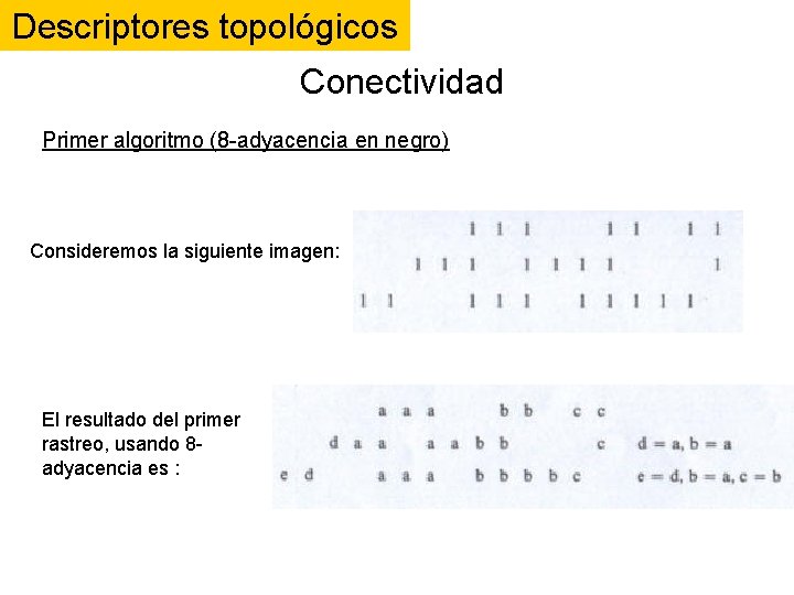 Descriptores topológicos Conectividad Primer algoritmo (8 -adyacencia en negro) Consideremos la siguiente imagen: El Descriptores topológicos Conectividad Primer algoritmo (8 -adyacencia en negro) Consideremos la siguiente imagen: El
