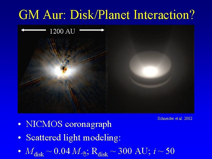 GM Aur: Disk/Planet Interaction? 1200 AU Schneider et al. 2002 • NICMOS coronagraph •