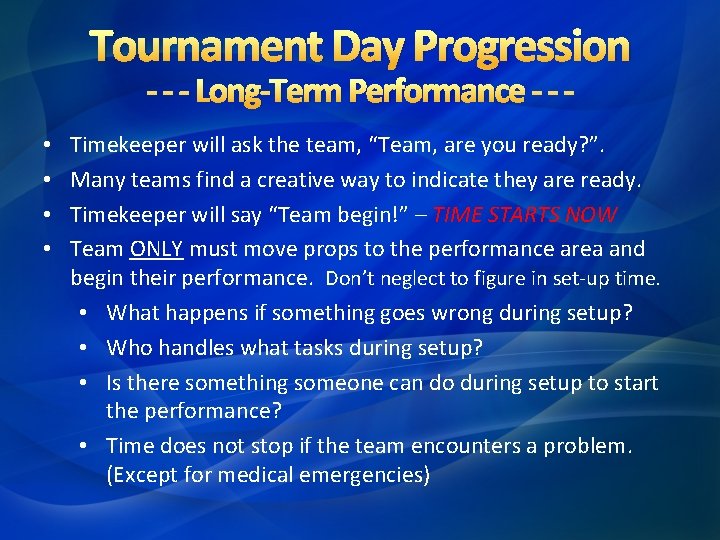 Tournament Day Progression - - - Long-Term Performance - - - • • Timekeeper