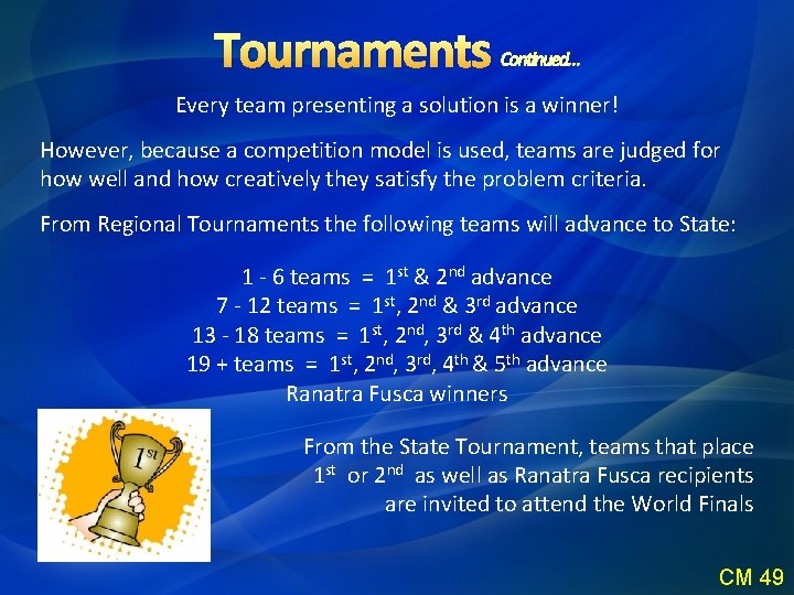 Tournaments Continued… Every team presenting a solution is a winner! However, because a competition