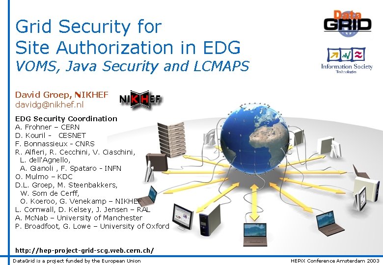 Grid Security for Site Authorization in EDG VOMS, Java Security and LCMAPS David Groep,