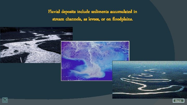Fluvial deposits include sediments accumulated in stream channels, as levees, or on floodplains. Back