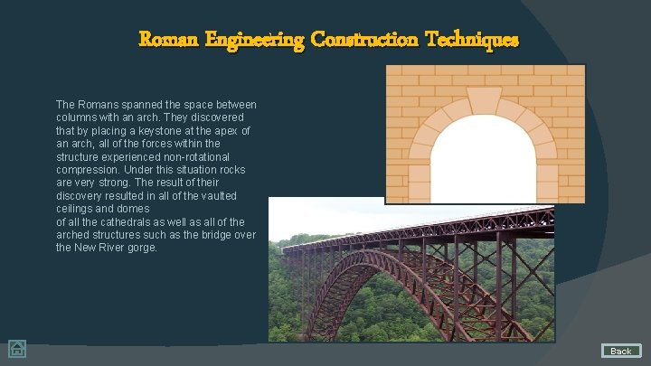 Roman Engineering Construction Techniques The Romans spanned the space between columns with an arch.