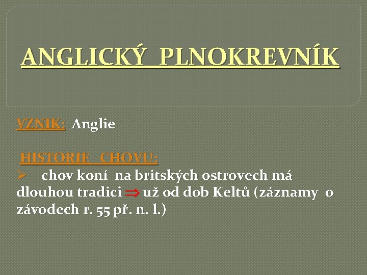 ANGLICKÝ PLNOKREVNÍK VZNIK: Anglie HISTORIE CHOVU: Ø chov koní na britských ostrovech má dlouhou