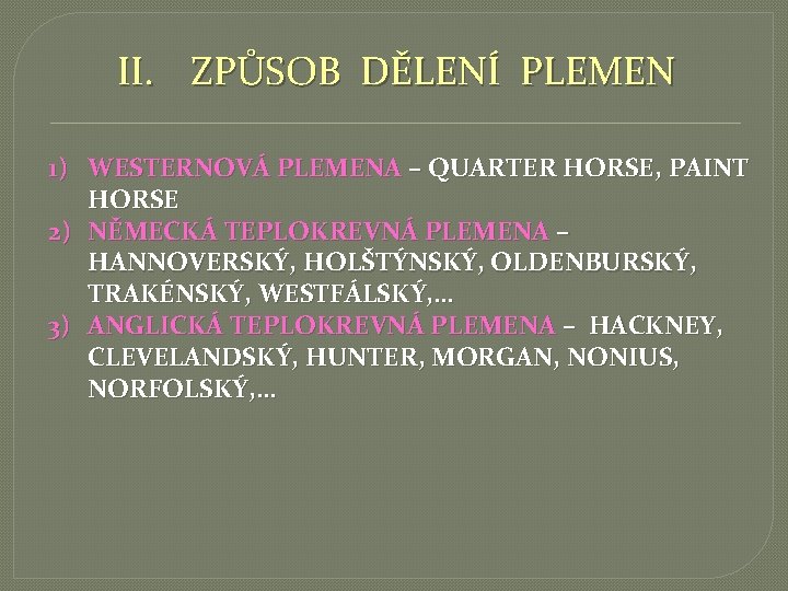II. ZPŮSOB DĚLENÍ PLEMEN 1) WESTERNOVÁ PLEMENA – QUARTER HORSE, PAINT HORSE 2) NĚMECKÁ
