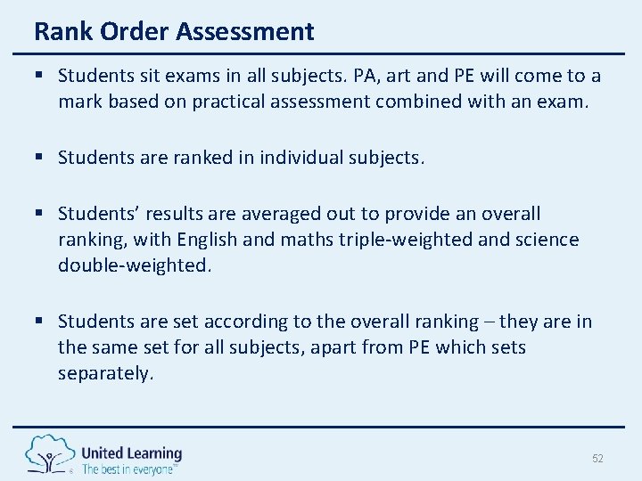 Rank Order Assessment § Students sit exams in all subjects. PA, art and PE Rank Order Assessment § Students sit exams in all subjects. PA, art and PE
