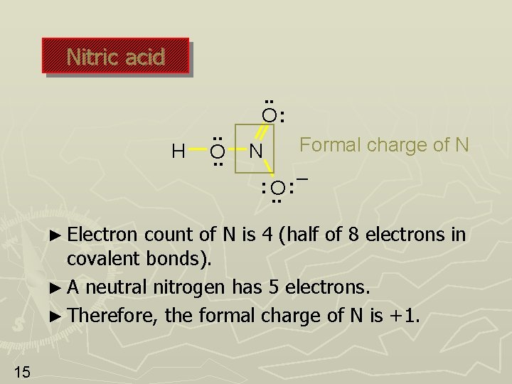 Nitric acid H . . O: N : O. . ► Electron Formal charge