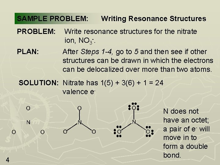 SAMPLE PROBLEM: Writing Resonance Structures PROBLEM: Write resonance structures for the nitrate ion, NO