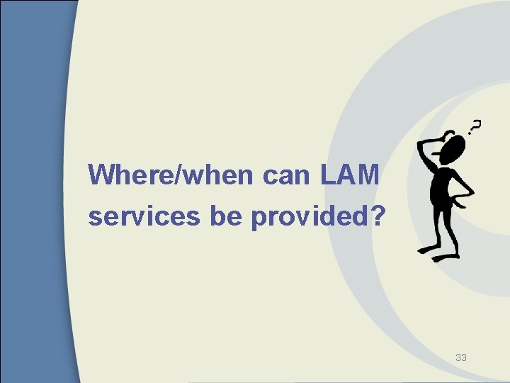 Where/when can LAM services be provided? 33 