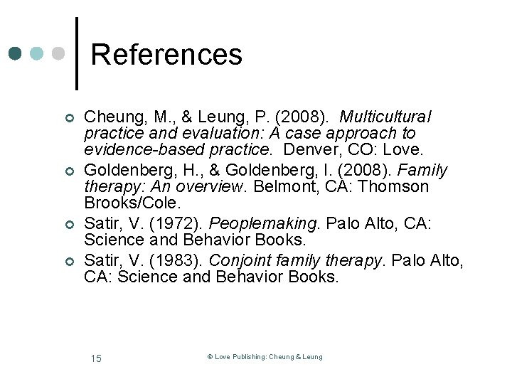 References ¢ ¢ Cheung, M. , & Leung, P. (2008). Multicultural practice and evaluation:
