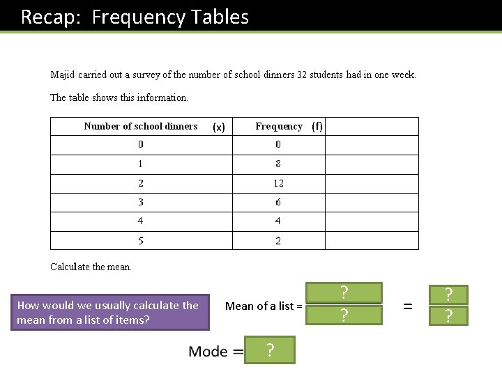  Recap: Frequency Tables (f) (x) How would we usually calculate the mean from