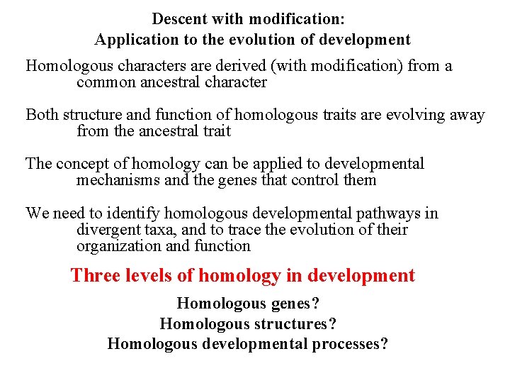 Descent with modification: Application to the evolution of development Homologous characters are derived (with