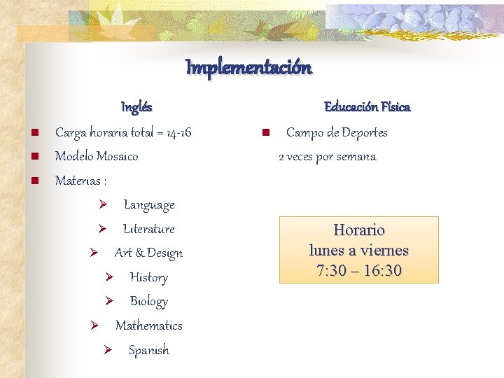 Implementación n Inglés Carga horaria total = 14 -16 Modelo Mosaico Materias : Ø