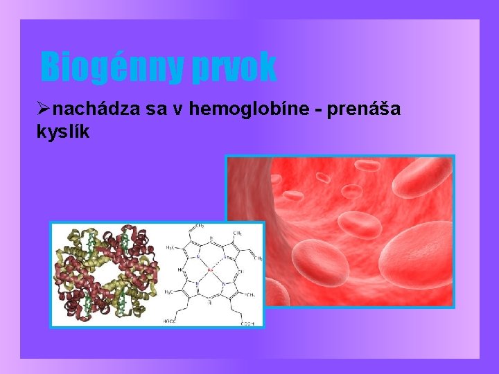 Biogénny prvok Ønachádza sa v hemoglobíne - prenáša kyslík 