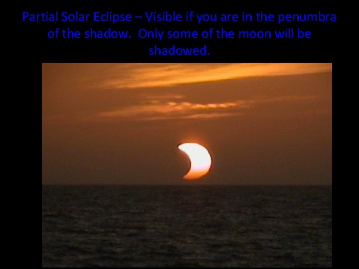 Partial Solar Eclipse – Visible if you are in the penumbra of the shadow.