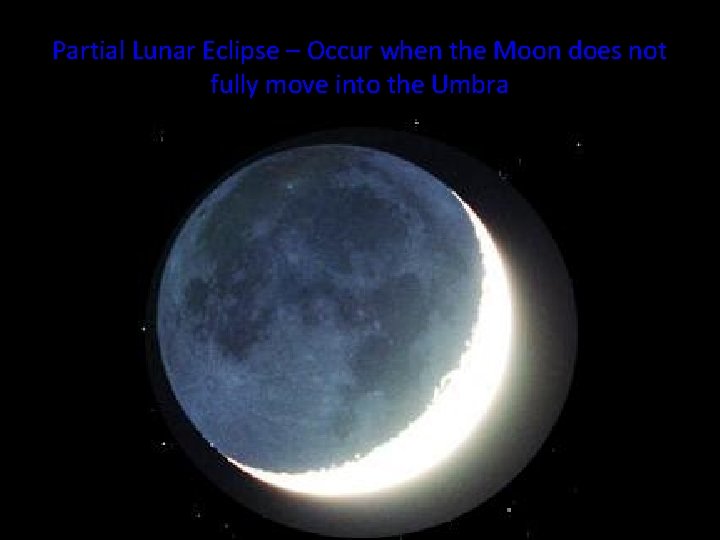 Partial Lunar Eclipse – Occur when the Moon does not fully move into the