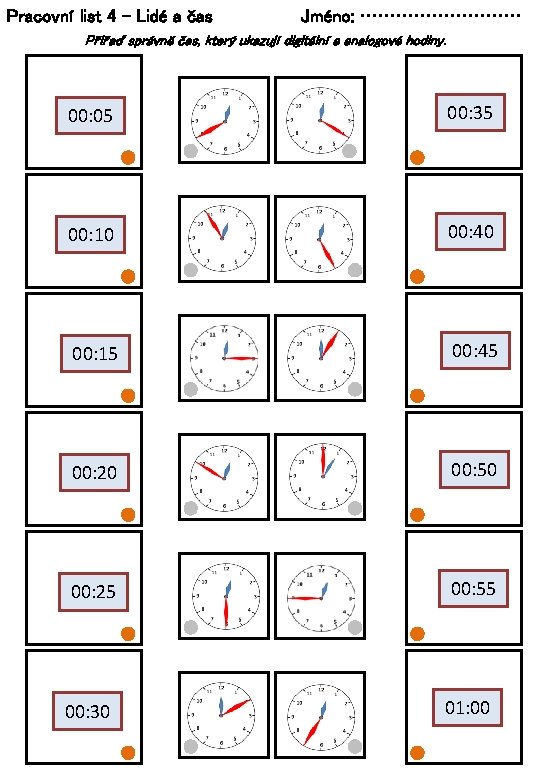 Pracovní list 4 – Lidé a čas Jméno: …………… Přiřaď správně čas, který ukazují