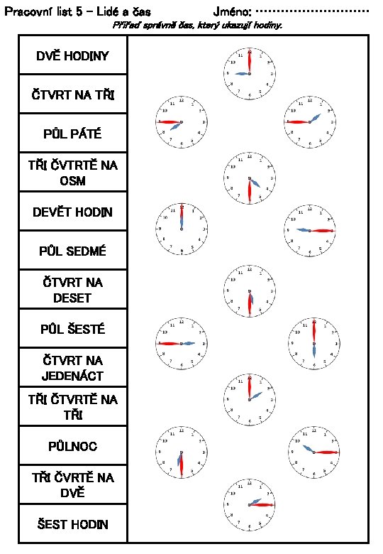 Pracovní list 5 – Lidé a čas Jméno: …………… Přiřaď správně čas, který ukazují