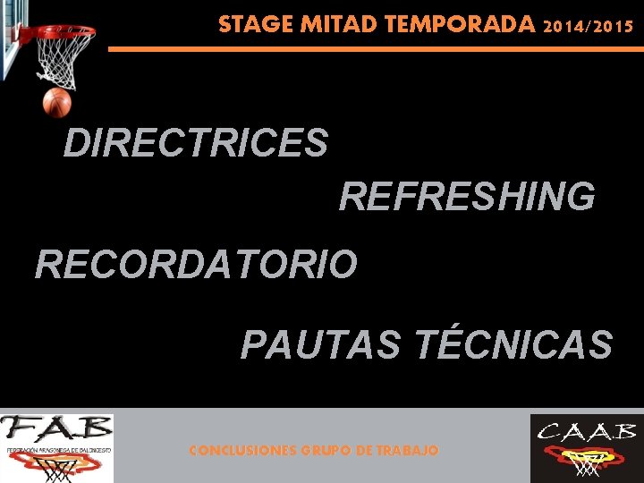 STAGE MITAD TEMPORADA 2014/2015 DIRECTRICES REFRESHING RECORDATORIO PAUTAS TÉCNICAS CONCLUSIONES GRUPO DE TRABAJO 
