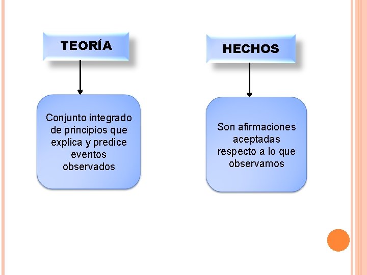 TEORÍA Conjunto integrado de principios que explica y predice eventos observados HECHOS Son afirmaciones TEORÍA Conjunto integrado de principios que explica y predice eventos observados HECHOS Son afirmaciones