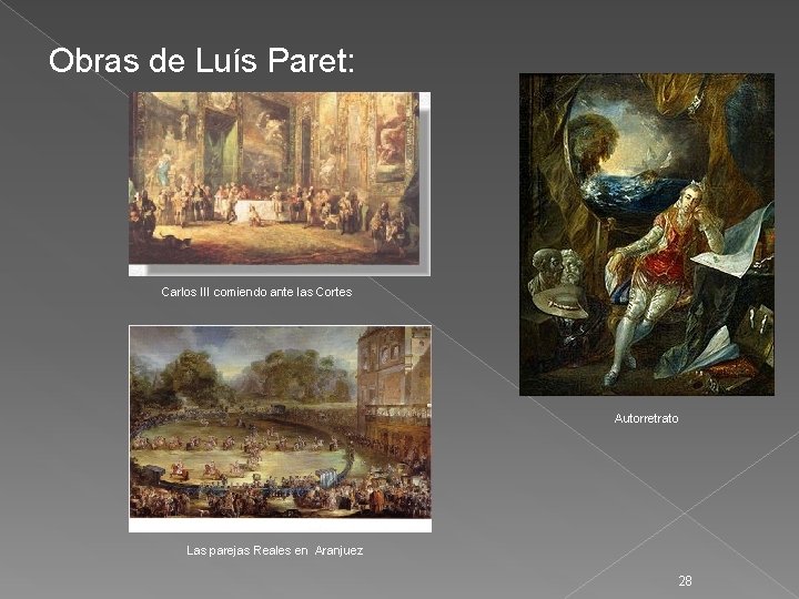 Obras de Luís Paret: Carlos III comiendo ante las Cortes Autorretrato Las parejas Reales