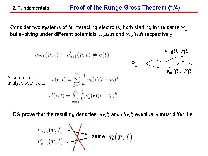 2. Fundamentals Proof of the Runge-Gross Theorem (1/4) Consider two systems of N interacting