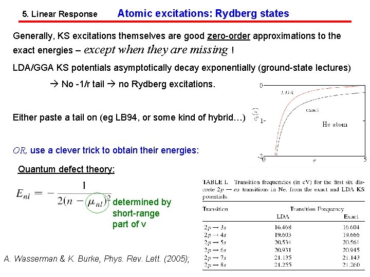 Atomic excitations: Rydberg states 5. Linear Response Generally, KS excitations themselves are good zero-order