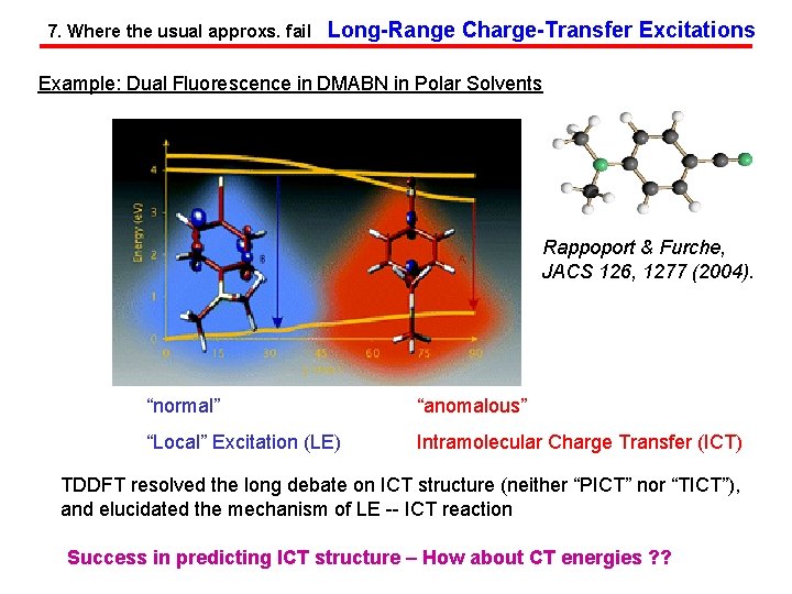 7. Where the usual approxs. fail Long-Range Charge-Transfer Excitations Example: Dual Fluorescence in DMABN