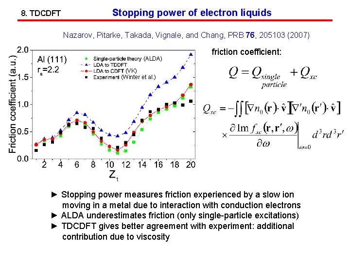 8. TDCDFT Stopping power of electron liquids Nazarov, Pitarke, Takada, Vignale, and Chang, PRB