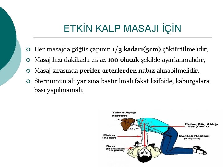 ETKİN KALP MASAJI İÇİN ¡ ¡ Her masajda göğüs çapının 1/3 kadarı(5 cm) çöktürülmelidir,
