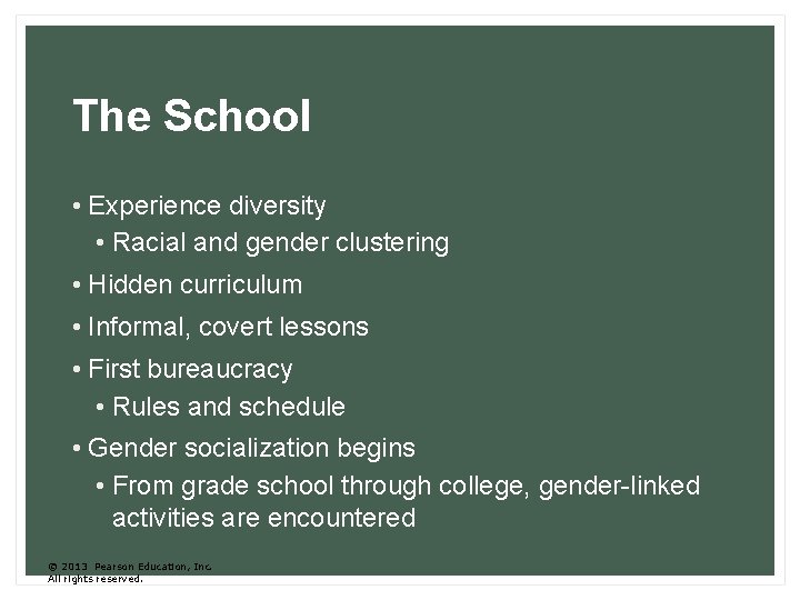 The School • Experience diversity • Racial and gender clustering • Hidden curriculum •