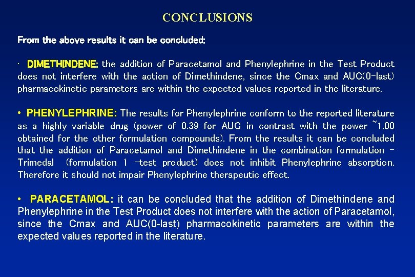 CONCLUSIONS From the above results it can be concluded: • DIMETHINDENE: the addition of