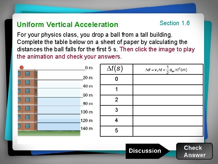 Uniform Vertical Acceleration Section 1. 6 For your physics class, you drop a ball