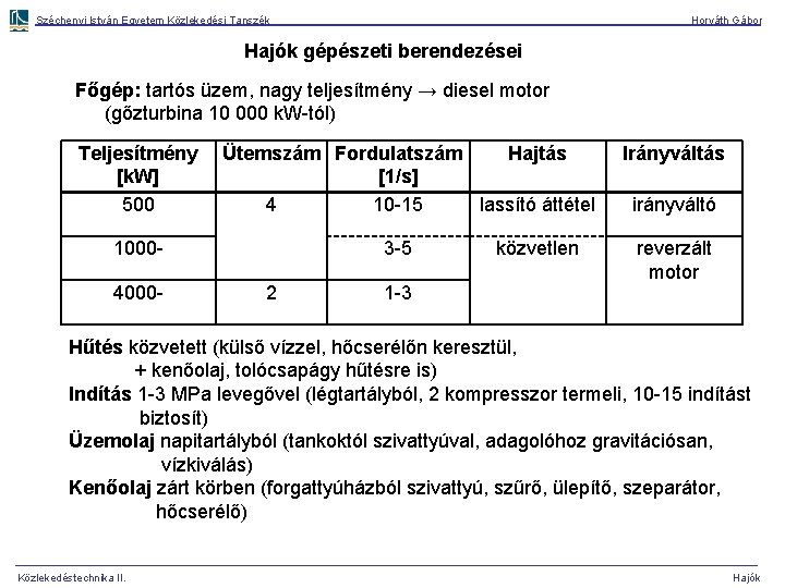 Széchenyi István Egyetem Közlekedési Tanszék Horváth Gábor Hajók gépészeti berendezései Főgép: tartós üzem, nagy