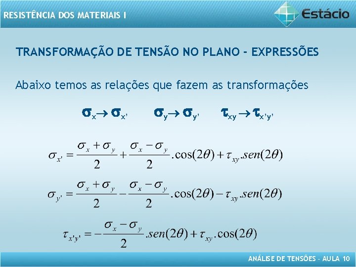 RESISTÊNCIA DOS MATERIAIS I TRANSFORMAÇÃO DE TENSÃO NO PLANO - EXPRESSÕES Abaixo temos as