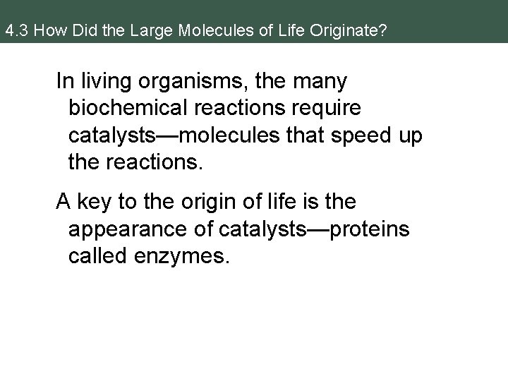 4. 3 How Did the Large Molecules of Life Originate? In living organisms, the