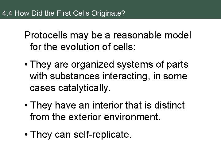 4. 4 How Did the First Cells Originate? Protocells may be a reasonable model