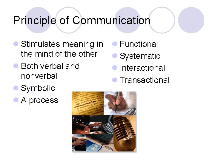 Principle of Communication l Stimulates meaning in the mind of the other l Both