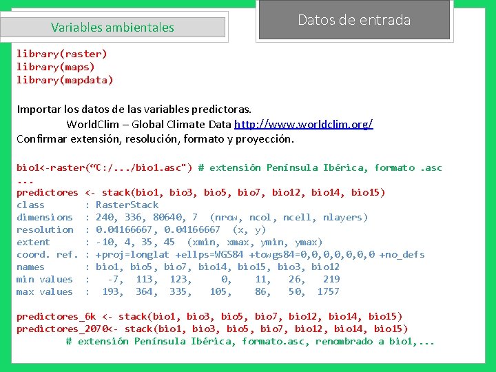 Variables ambientales Datos de entrada library(raster) library(maps) library(mapdata) Importar los datos de las variables