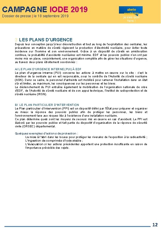 CAMPAGNE IODE 2019 Dossier de presse | le 18 septembre 2019 alerte nucléaire je