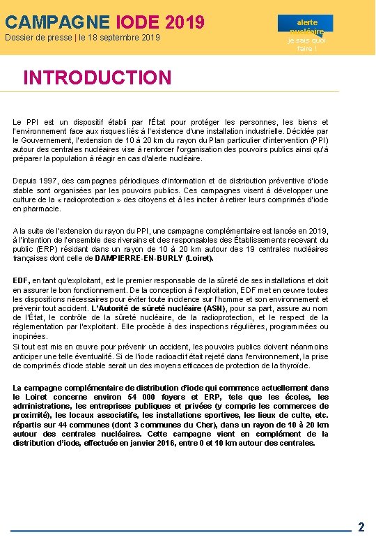 CAMPAGNE IODE 2019 Dossier de presse | le 18 septembre 2019 alerte nucléaire je