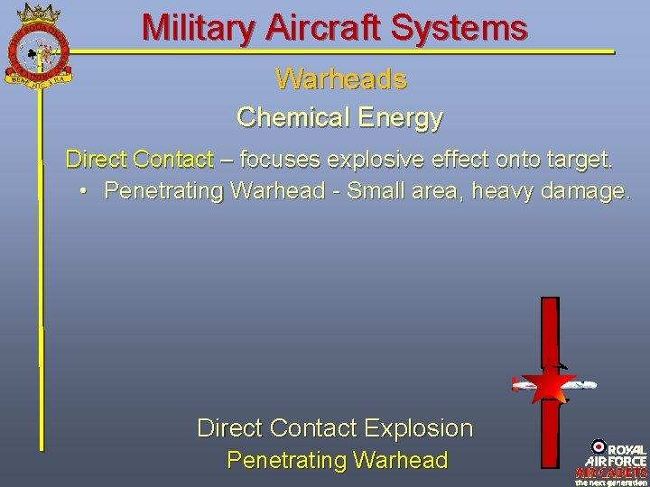 Military Aircraft Systems Warheads Chemical Energy Direct Contact – focuses explosive effect onto target. Military Aircraft Systems Warheads Chemical Energy Direct Contact – focuses explosive effect onto target.