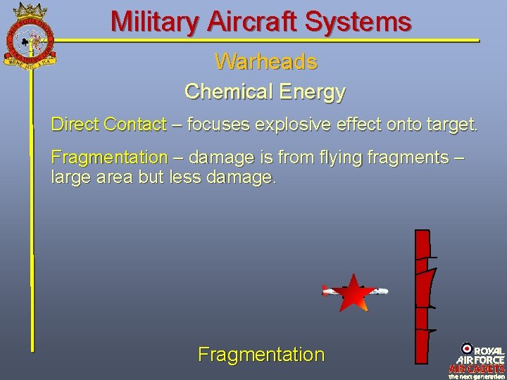 Military Aircraft Systems Warheads Chemical Energy Direct Contact – focuses explosive effect onto target. Military Aircraft Systems Warheads Chemical Energy Direct Contact – focuses explosive effect onto target.